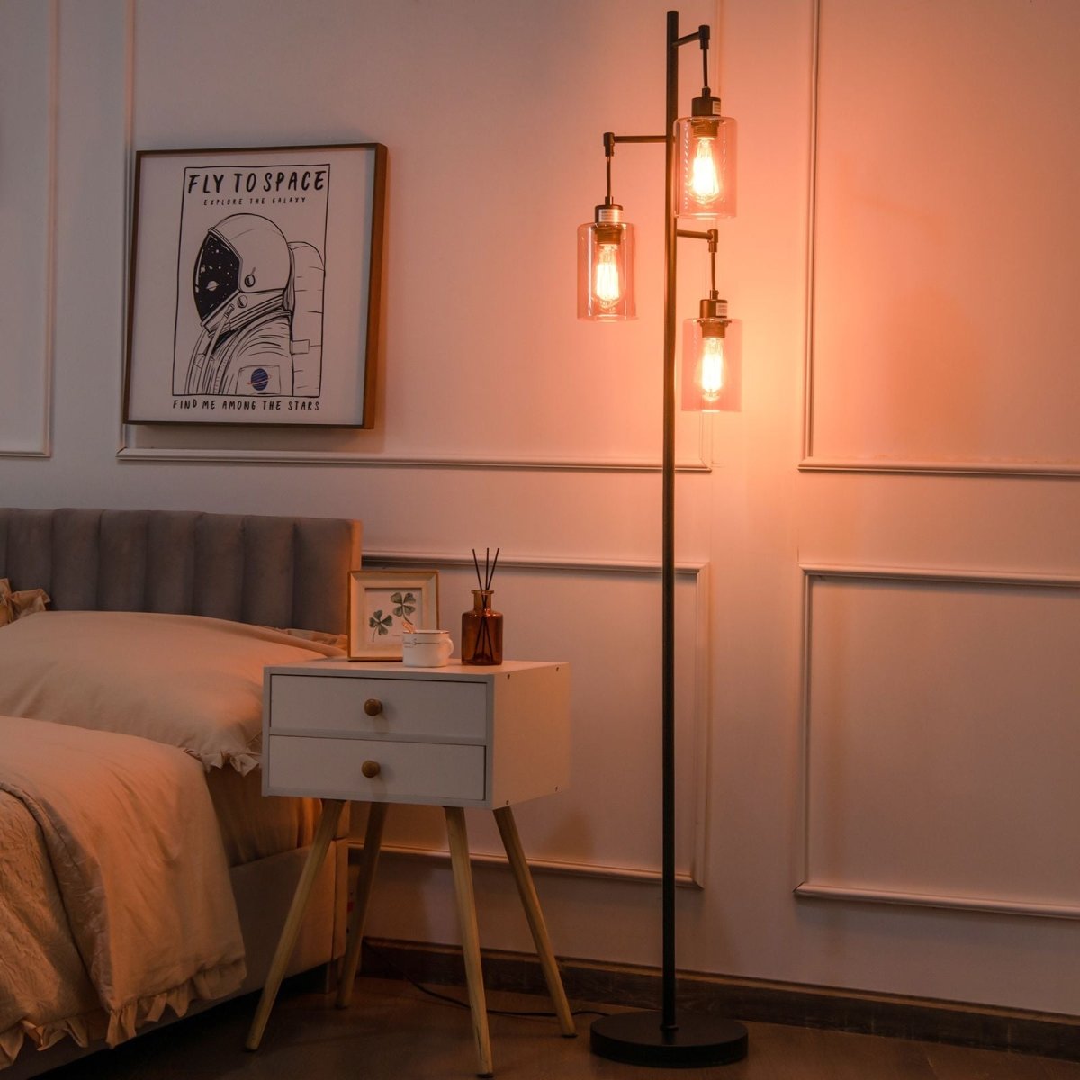Freestanding Floor Lamp with 3 - Head Hanging Amber Glass Shade - Demuva