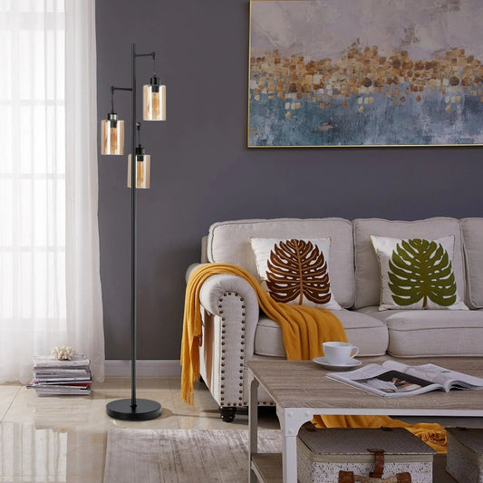 Freestanding Floor Lamp with 3 - Head Hanging Amber Glass Shade - Demuva