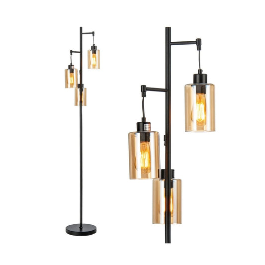 Freestanding Floor Lamp with 3 - Head Hanging Amber Glass Shade - Demuva