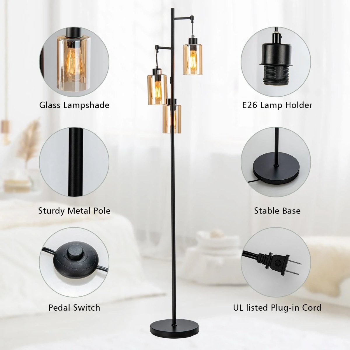 Freestanding Floor Lamp with 3 - Head Hanging Amber Glass Shade - Demuva