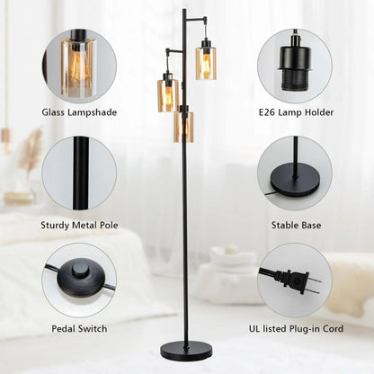 Freestanding Floor Lamp with 3 - Head Hanging Amber Glass Shade - Demuva