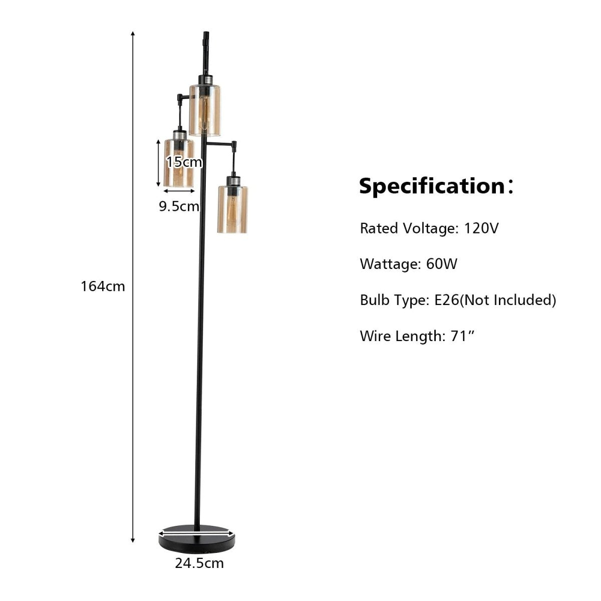 Freestanding Floor Lamp with 3 - Head Hanging Amber Glass Shade - Demuva