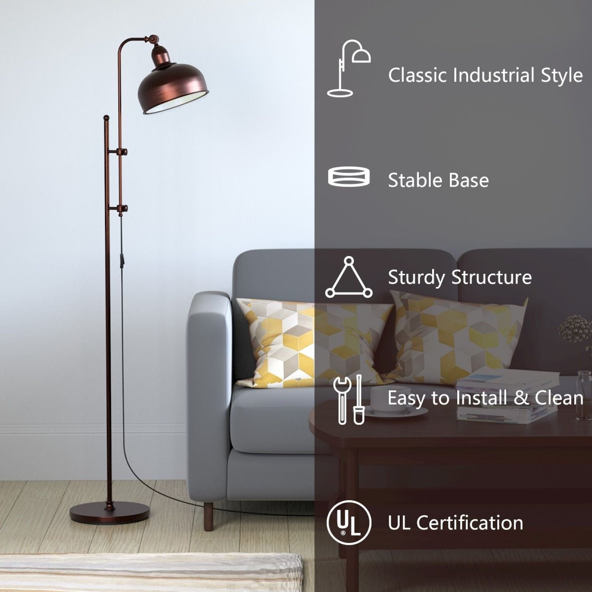 Industrial Floor Lamp with Adjustable Height and Lamp Head - Demuva