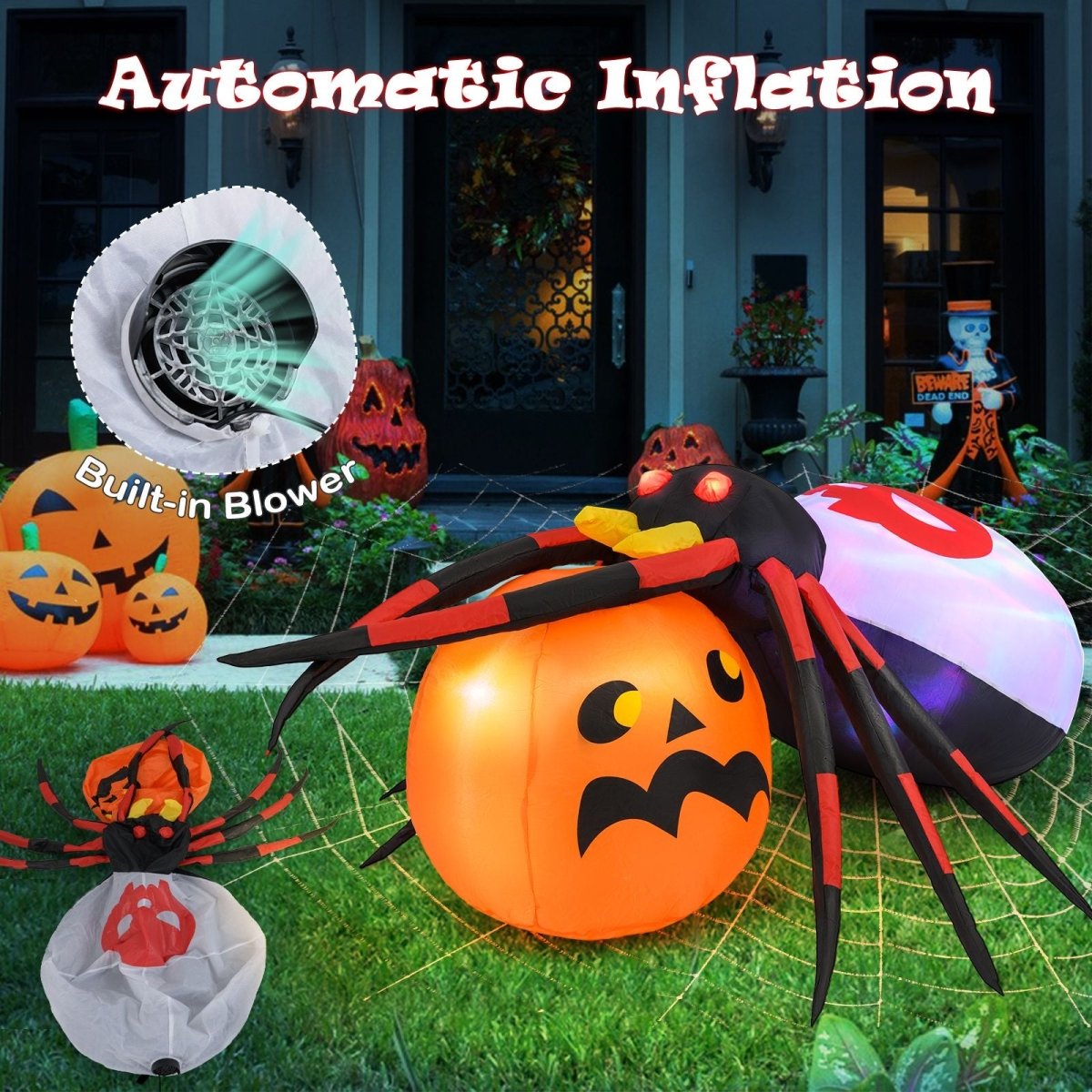 Inflatable Halloween Spider with Colorful Rotating Light - Demuva