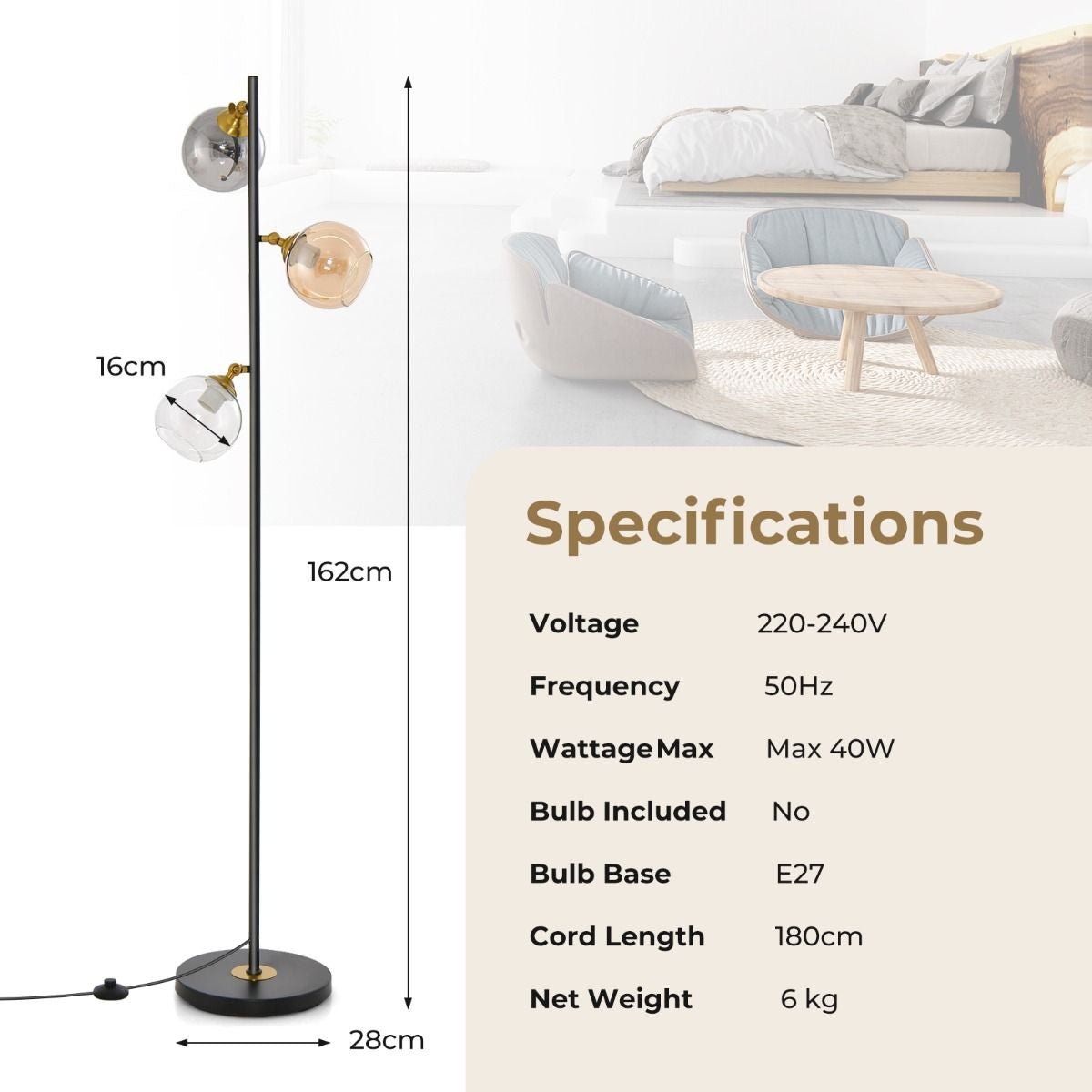 Modern Freestanding Lamp with 3 Glass Globe Lampshades - Demuva