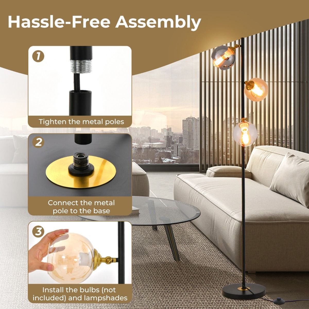 Modern Freestanding Lamp with 3 Glass Globe Lampshades - Demuva
