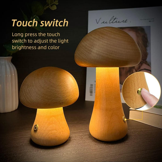 MushiGlow Wooden Mushroom LED Night Light – Touch - Controlled Bedside Lamp for Kids’ Bedrooms - Demuva
