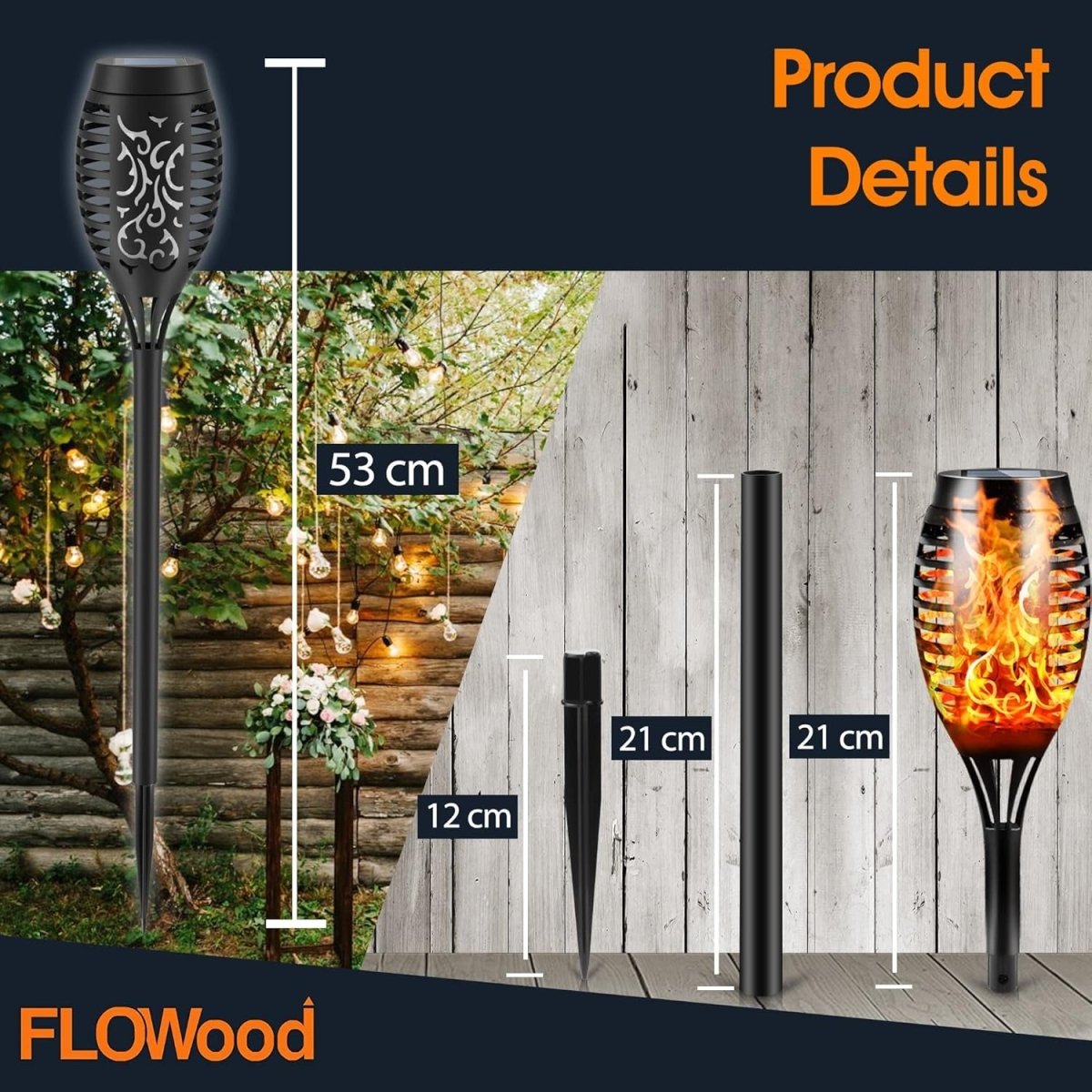 Outdoor Solar Garden Lights 6 - Pack 53 CM Tall Flickering Dancing Flame - Demuva