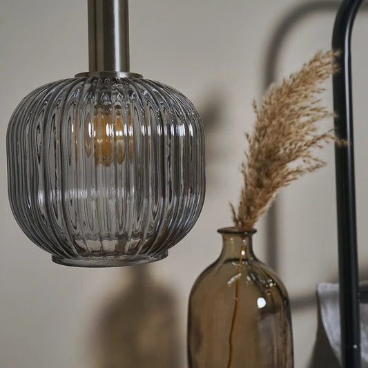 Stylish Brushed Chrome Ceiling Light & Ribbed Smoked Glass Shade - Demuva