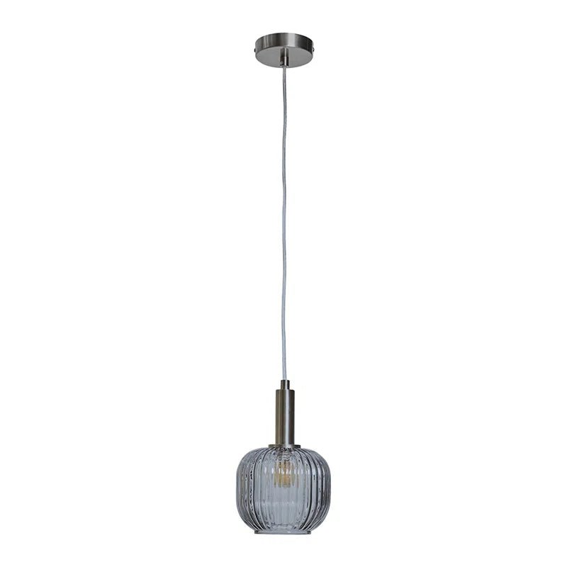 Stylish Brushed Chrome Ceiling Light & Ribbed Smoked Glass Shade - Demuva