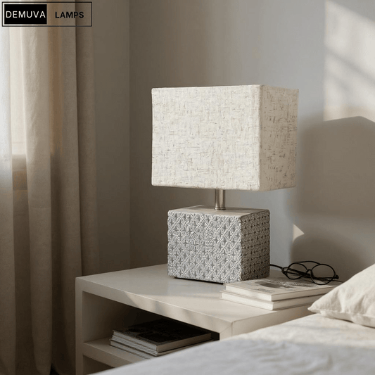 Stylish Cream Cement Table Lamp with Fabric Shade - Demuva