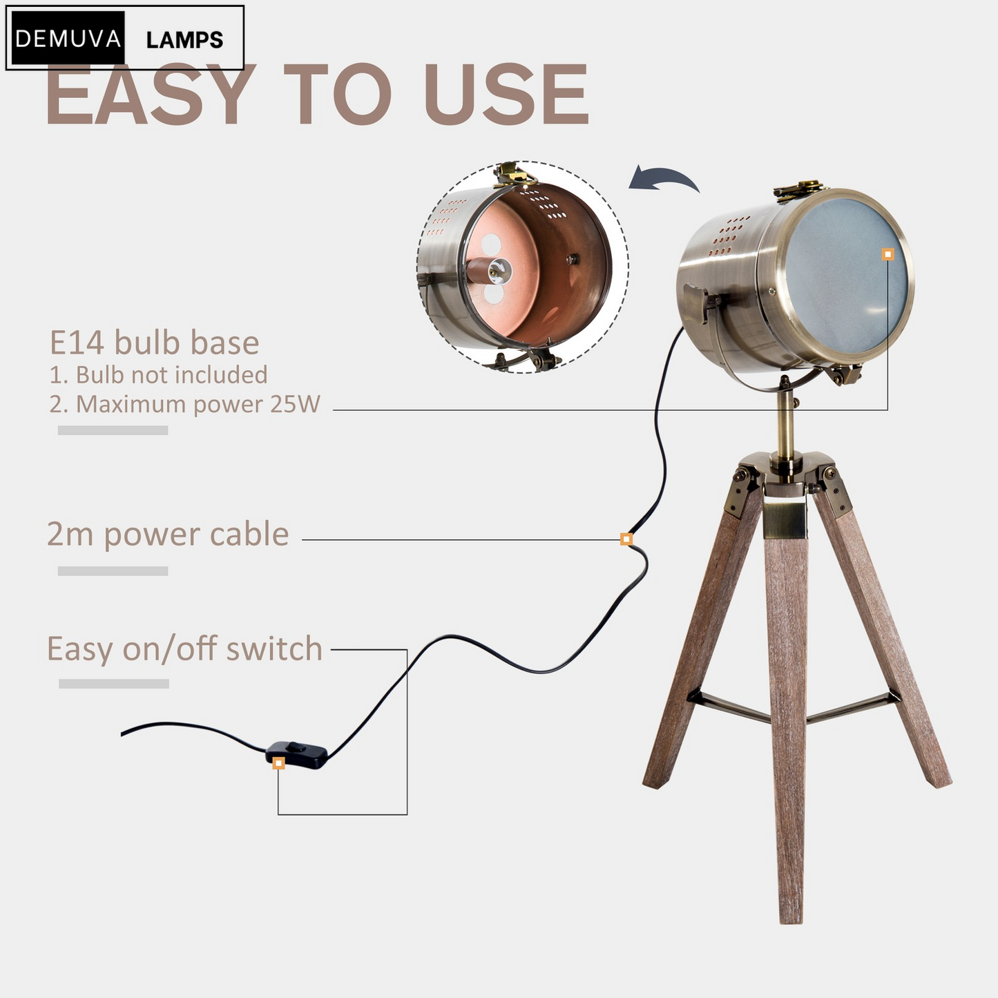Vintage Tripod Table Desk Lamp with a stunning copper finish and wooden base