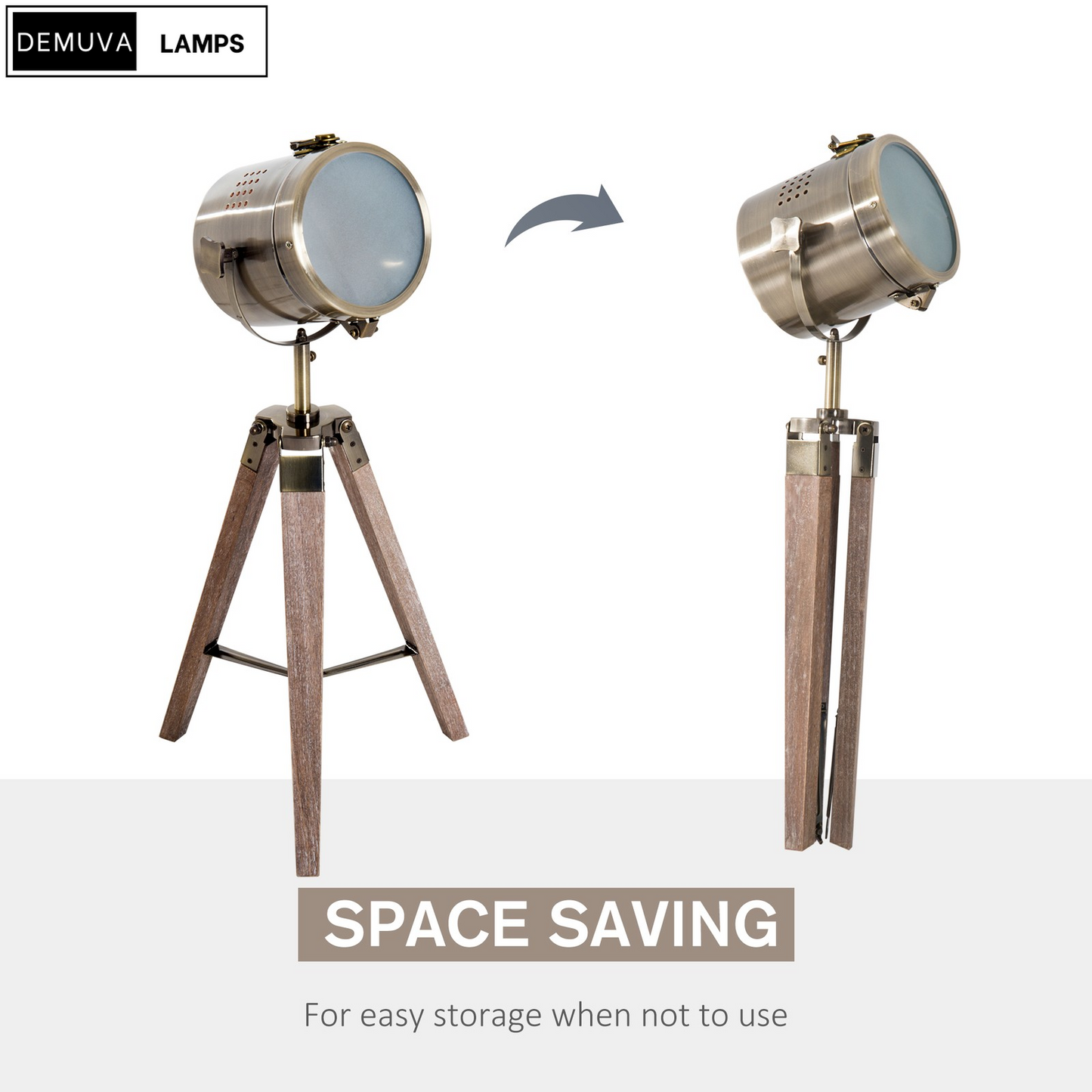 Vintage Tripod Table Desk Lamp with a stunning copper finish and wooden base