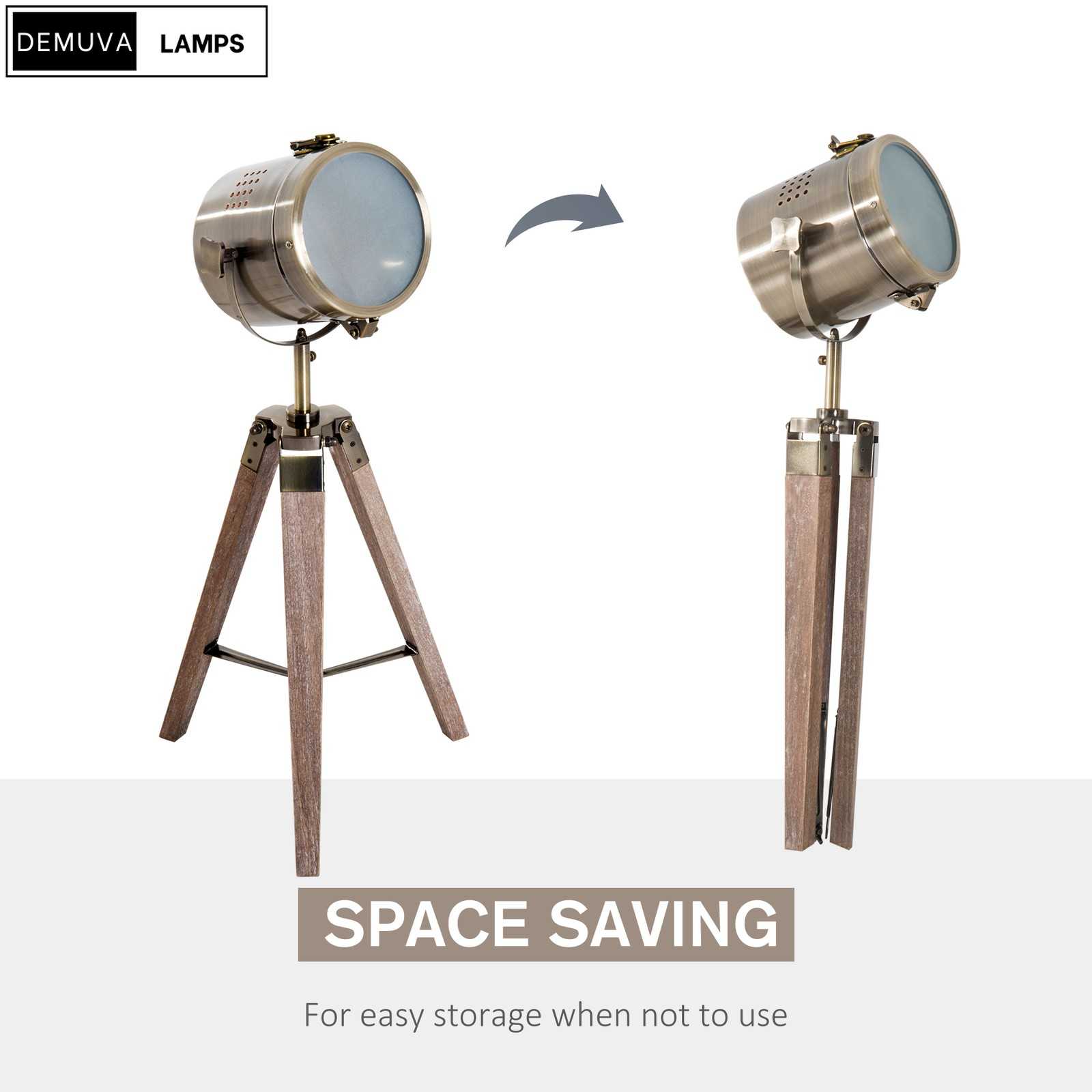 Vintage Tripod Table Desk Lamp with a stunning copper finish and wooden base
